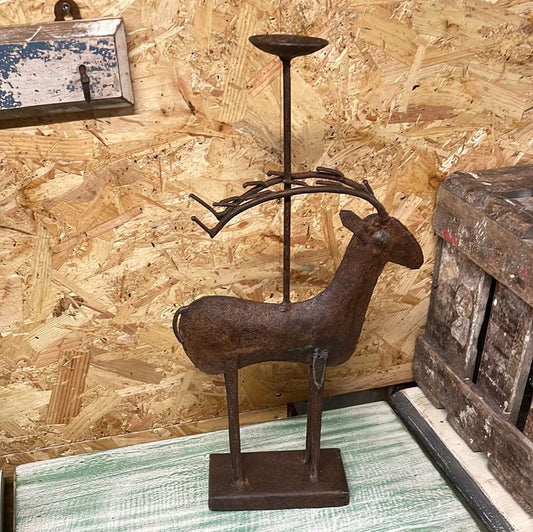 Indian rustic vintage reclaimed metal deer elk sculpture candle stand ornament.