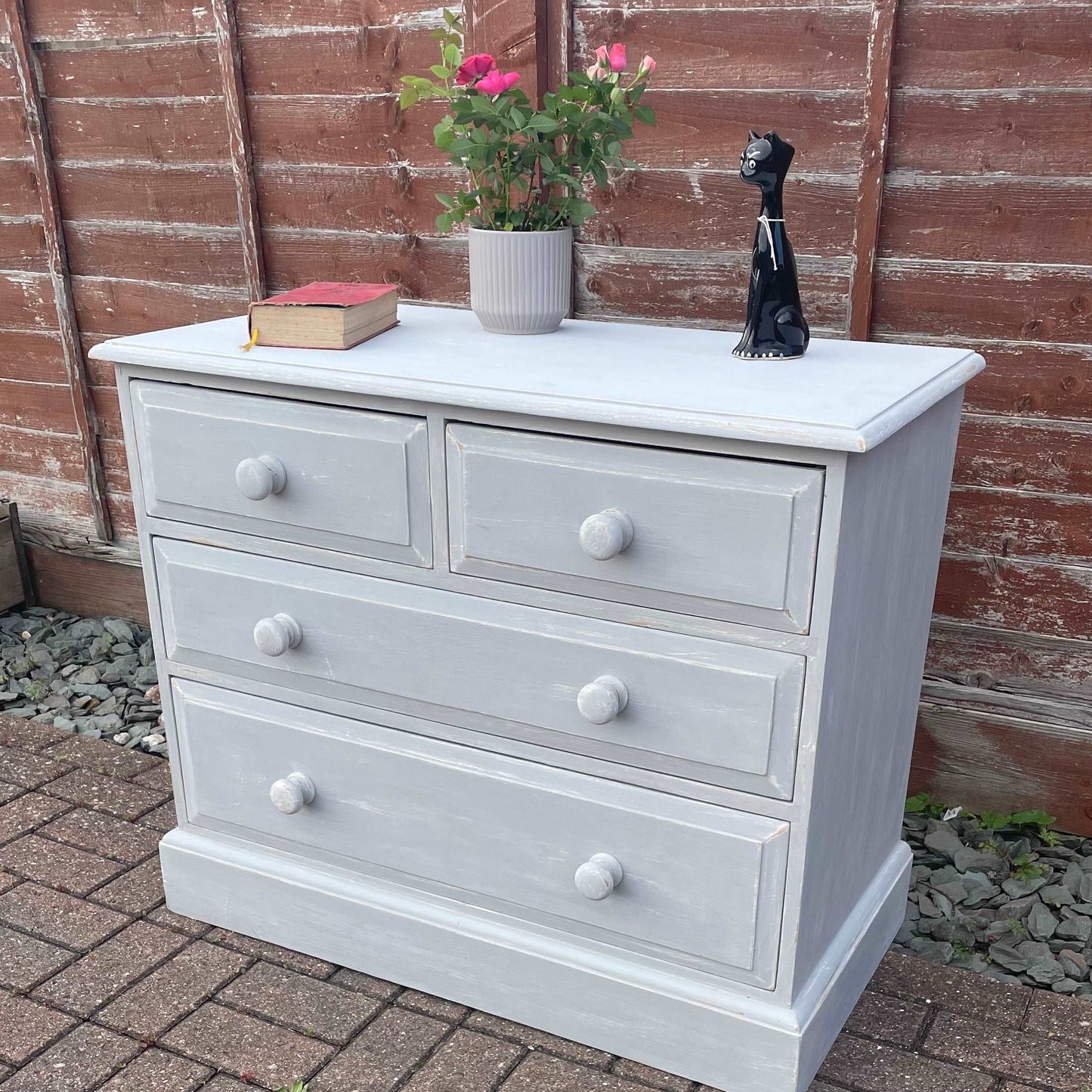 Solid pine 2 over 3 chest of drawers grey distressed paint.