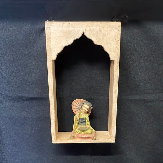 Single Indian wooden temple arch shelf light beige distressed finish.