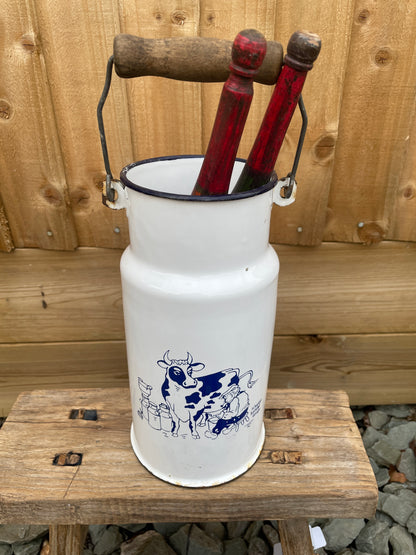 Enamel 2L Churn White with blue cow picture decoration.