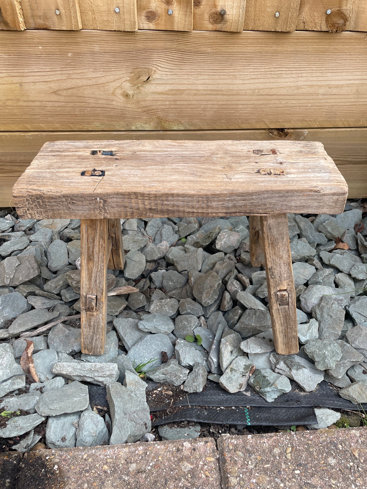 Wooden mini rustic bench stool pot stand side table.