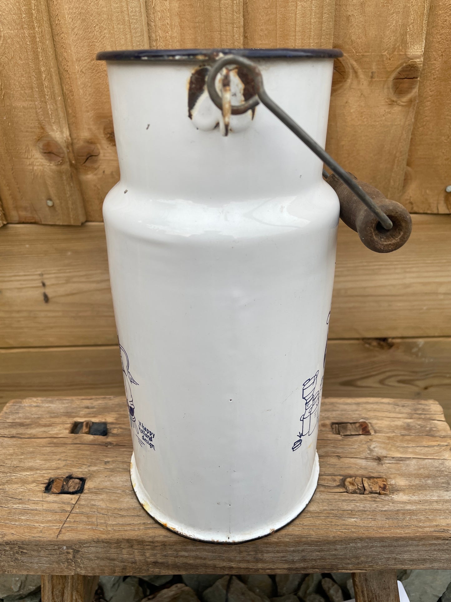 Enamel 2L Churn White with blue cow picture decoration.