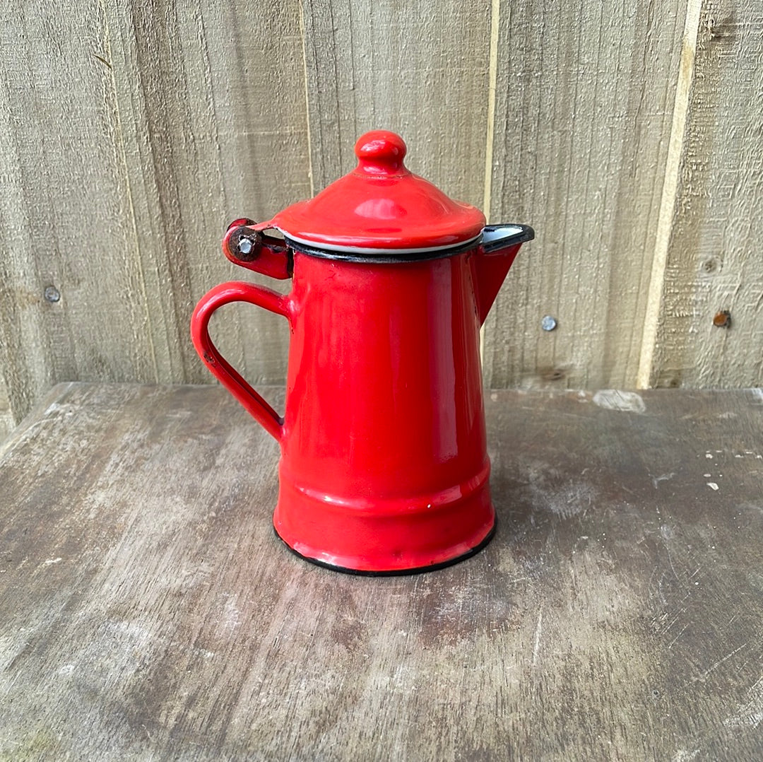 Mini enamel coffee pot with lid Red and white.