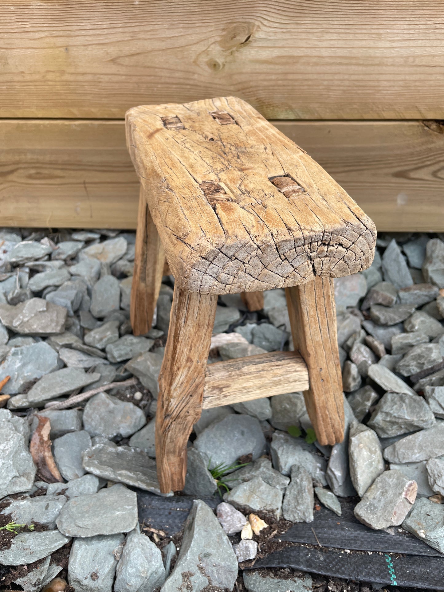 Wooden mini rustic stool bench pot stand side table.