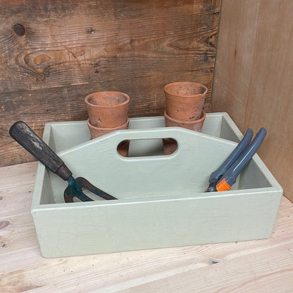 Handcrafted wooden painted tote tool tray, sage green, 40cm.