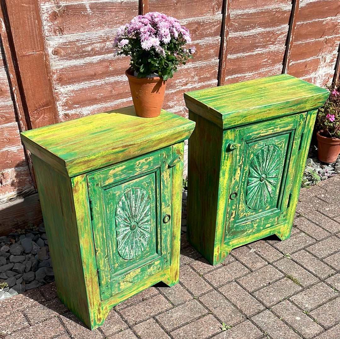 Pair of Indian bedside cupboard tables cabinets, Green distressed finish.