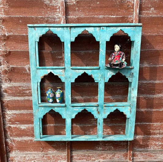 Indian arched temple shelf 9 compartments distressed blue finish.