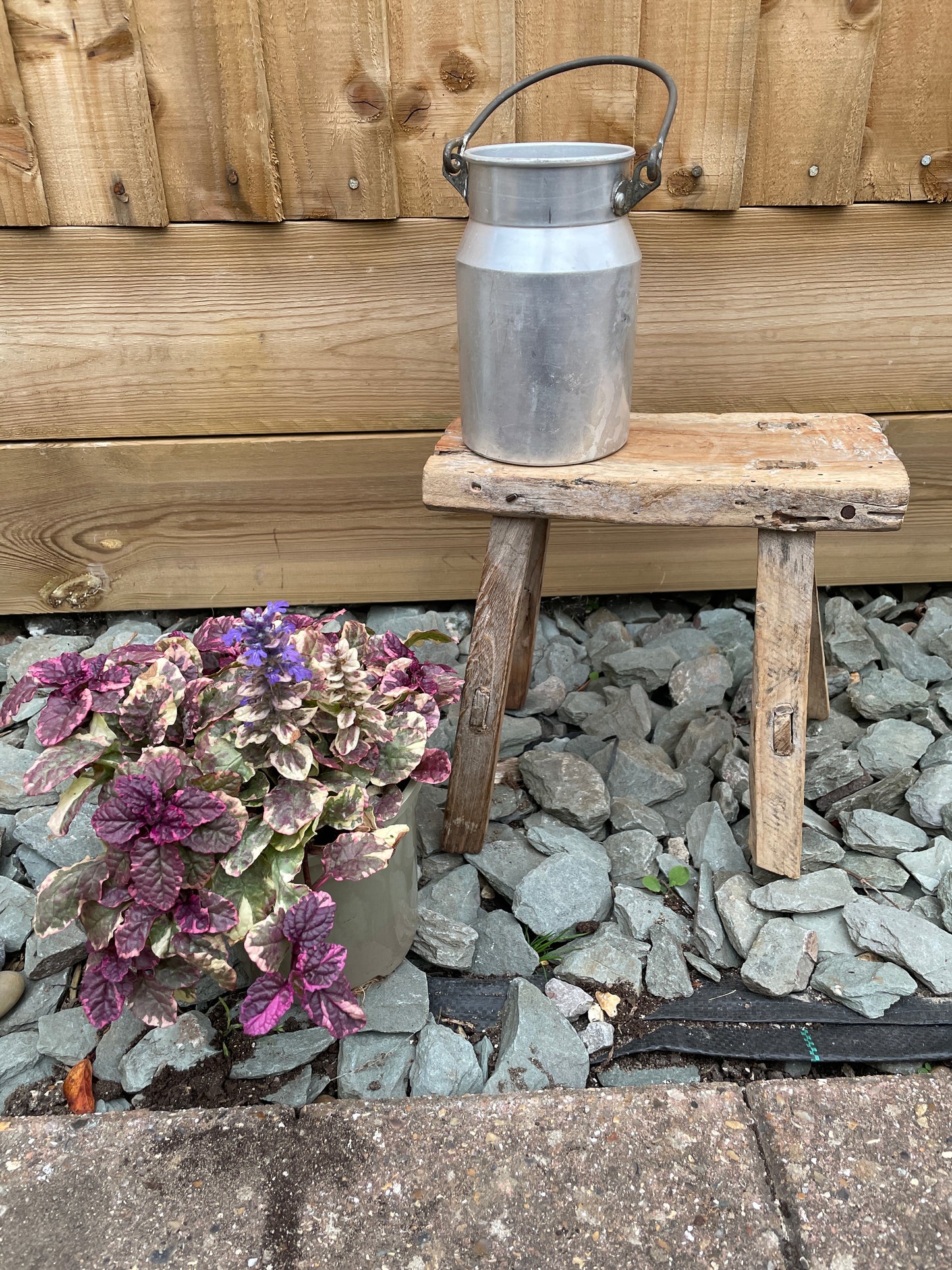 Mini wooden rustic bench stool pot stand side table.