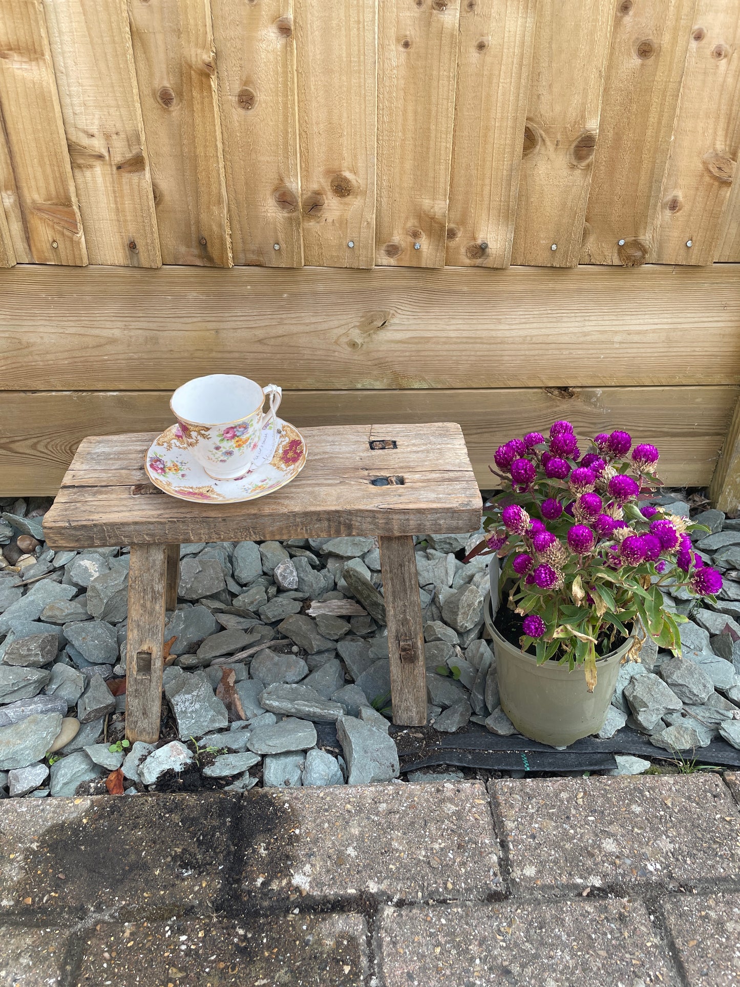 Wooden mini rustic bench stool pot stand side table.