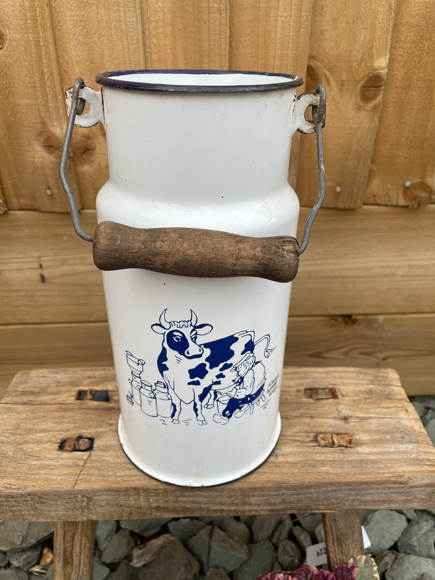 Enamel 2L Churn White with blue cow picture decoration.