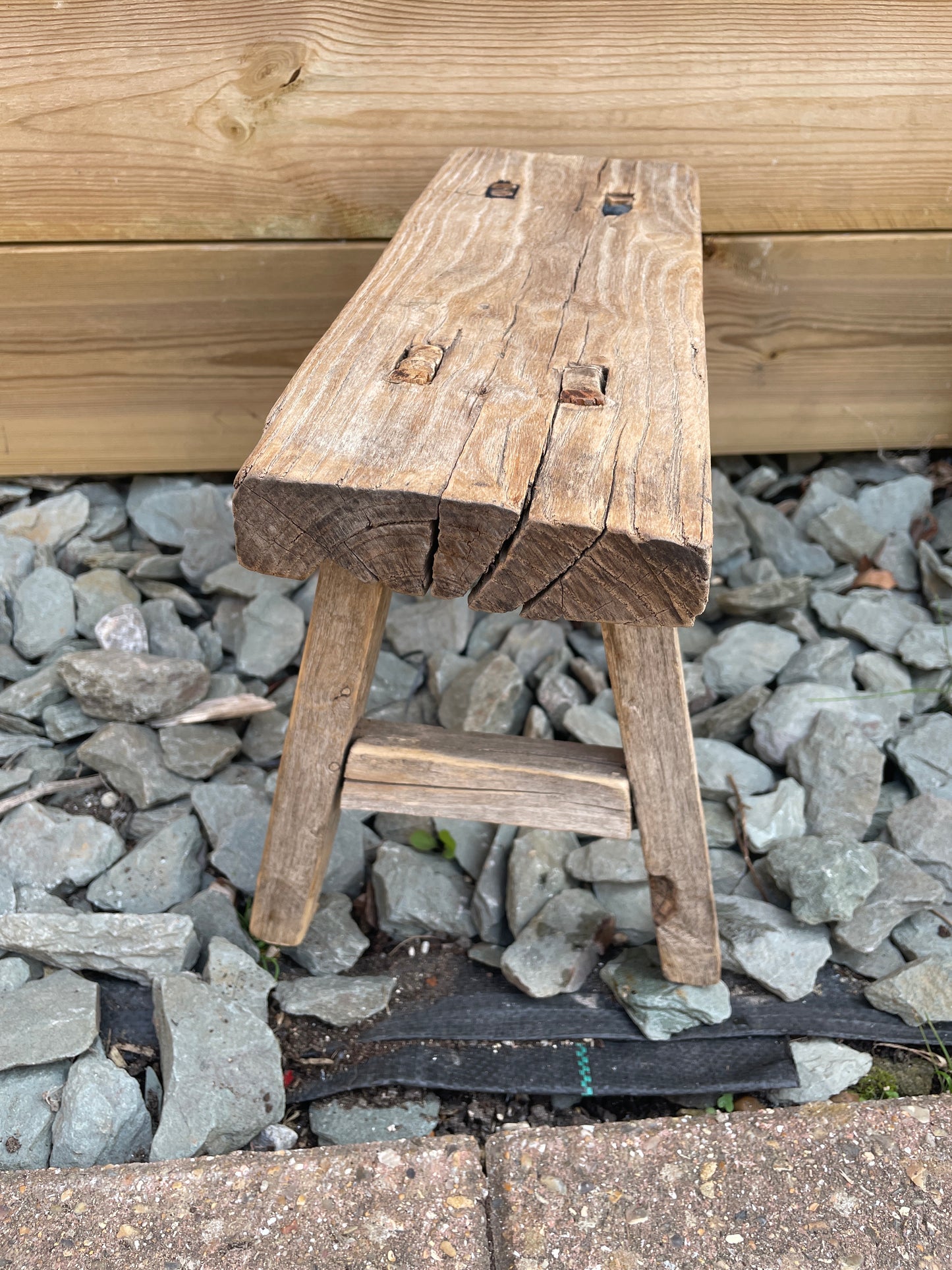 Wooden mini rustic bench stool pot stand side table.