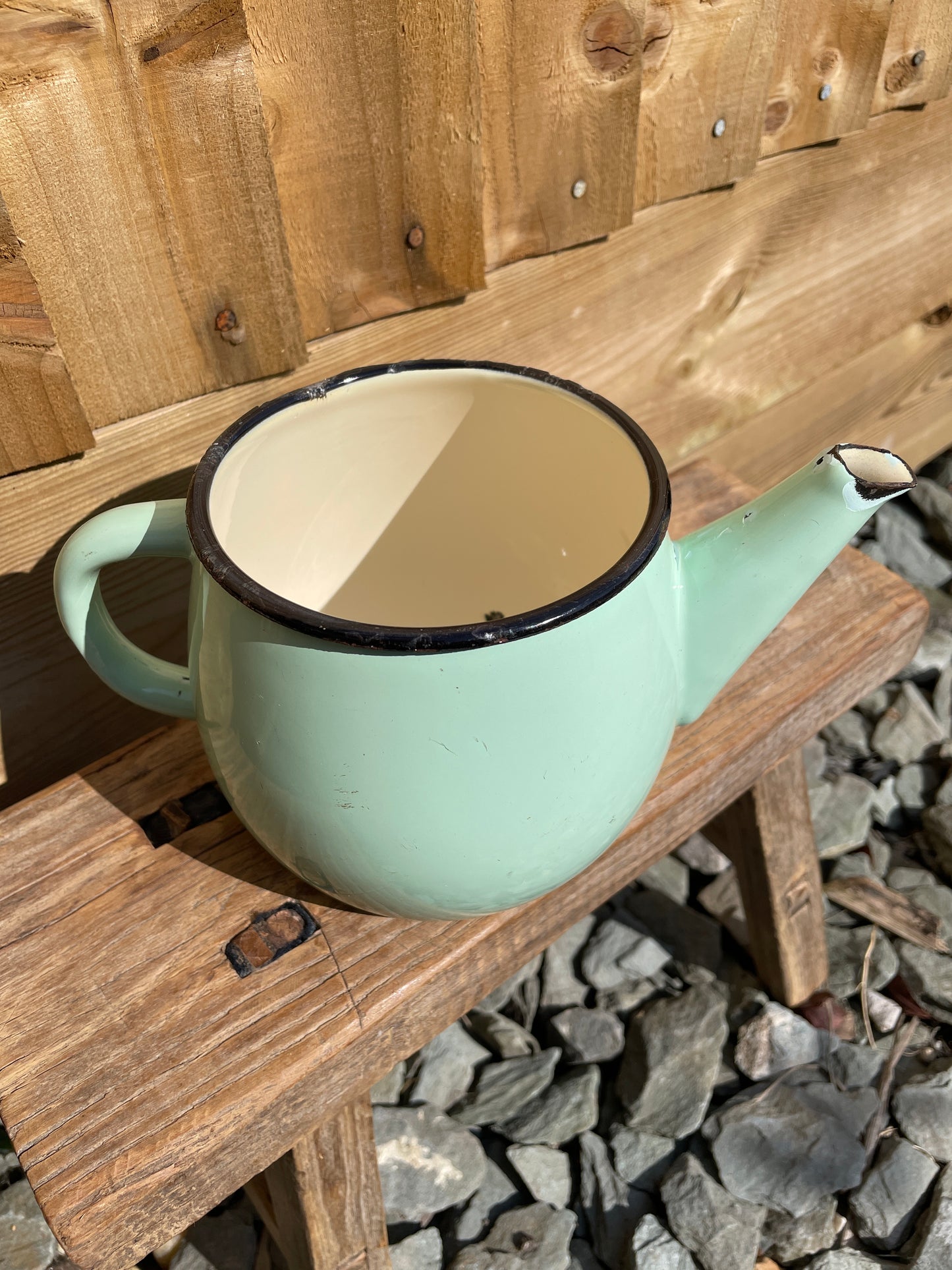 Pale green enamel tea pot decorative kitchenalia.