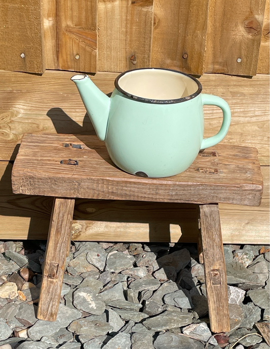 Pale green enamel tea pot decorative kitchenalia.