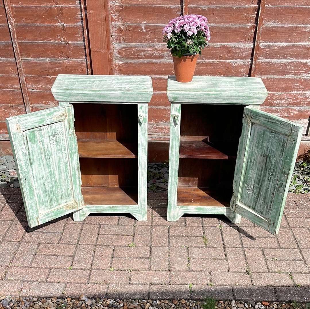 Pair of Indian bedside cupboard tables cabinets, Green and White distressed finish.