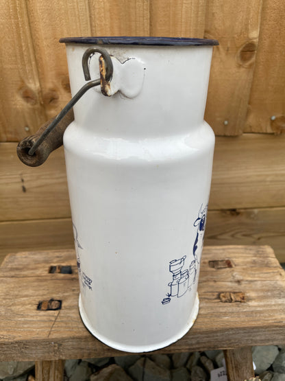 Enamel 2L Churn White with blue cow picture decoration.