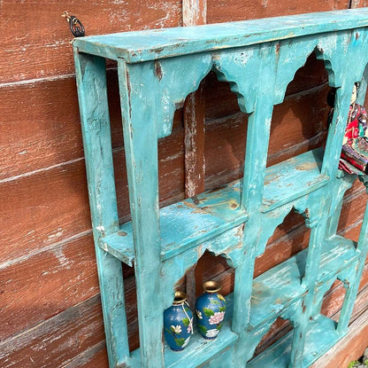 Indian arched temple shelf 9 compartments distressed blue finish.