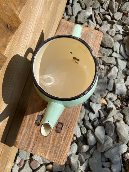 Pale green enamel tea pot decorative kitchenalia.