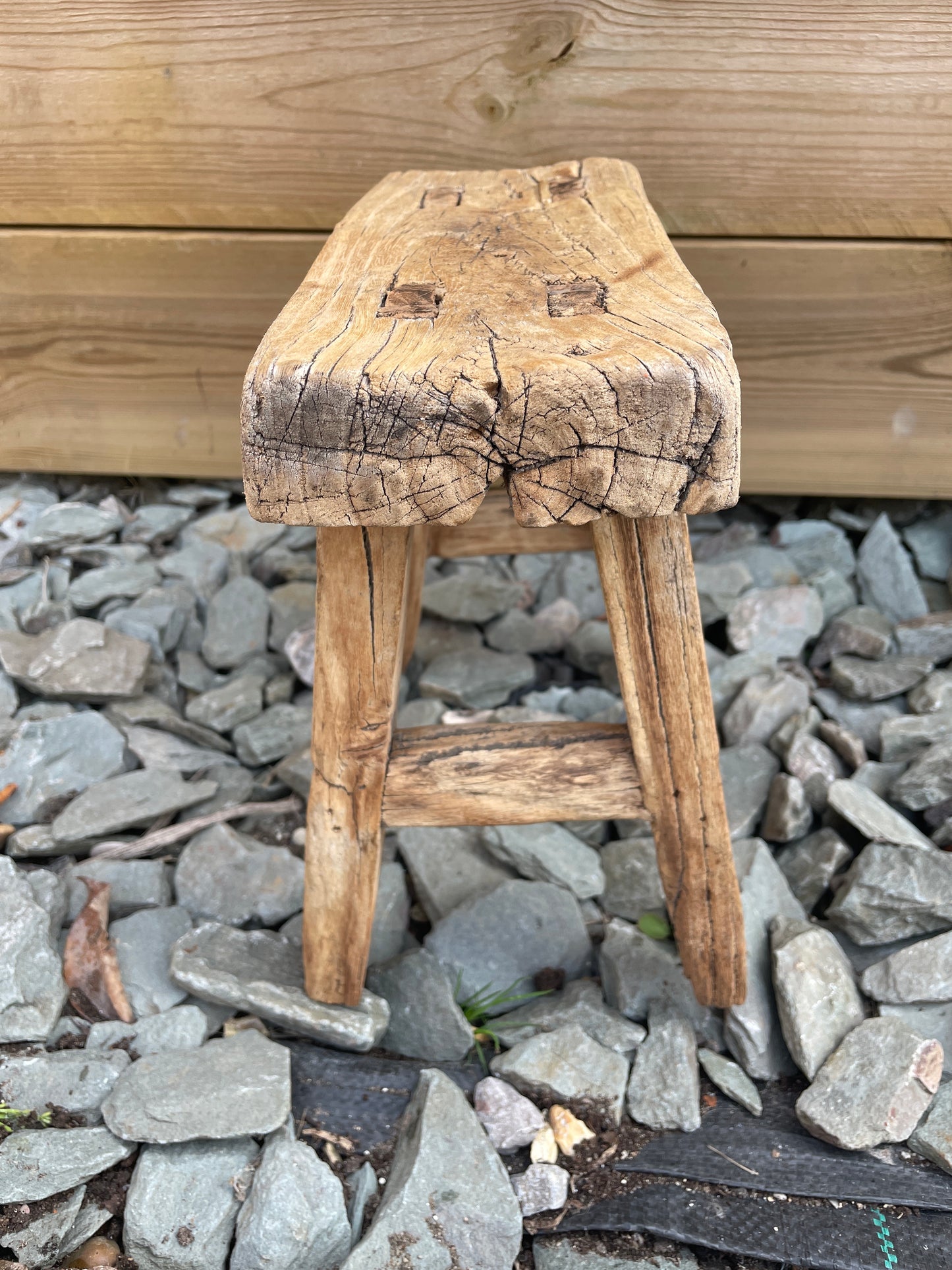 Wooden mini rustic stool bench pot stand side table.