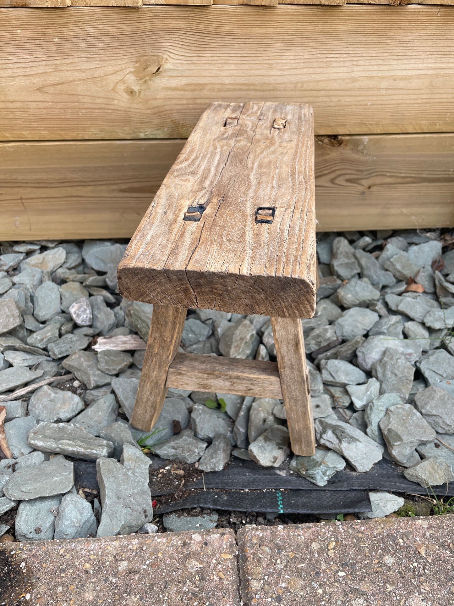 Wooden mini rustic bench stool pot stand side table.