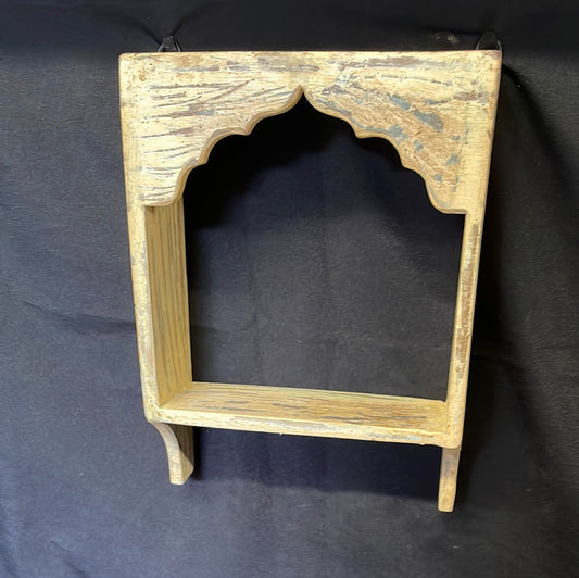 Single Indian wooden temple arch shelf light brown scraped finish.