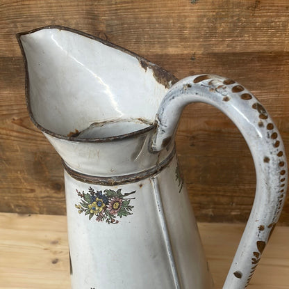 French large enamelled pitcher jug with floral décor
