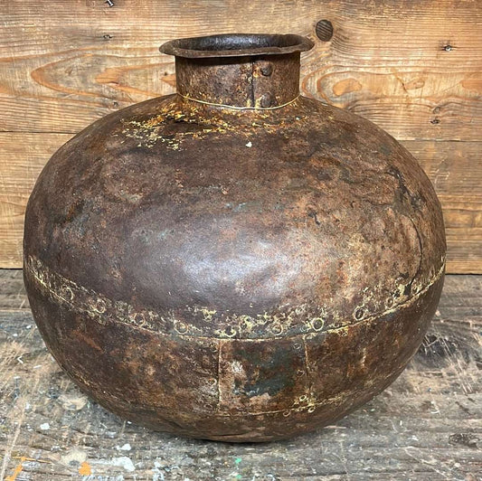 Vintage Indian reclaimed decorative metal water pot.