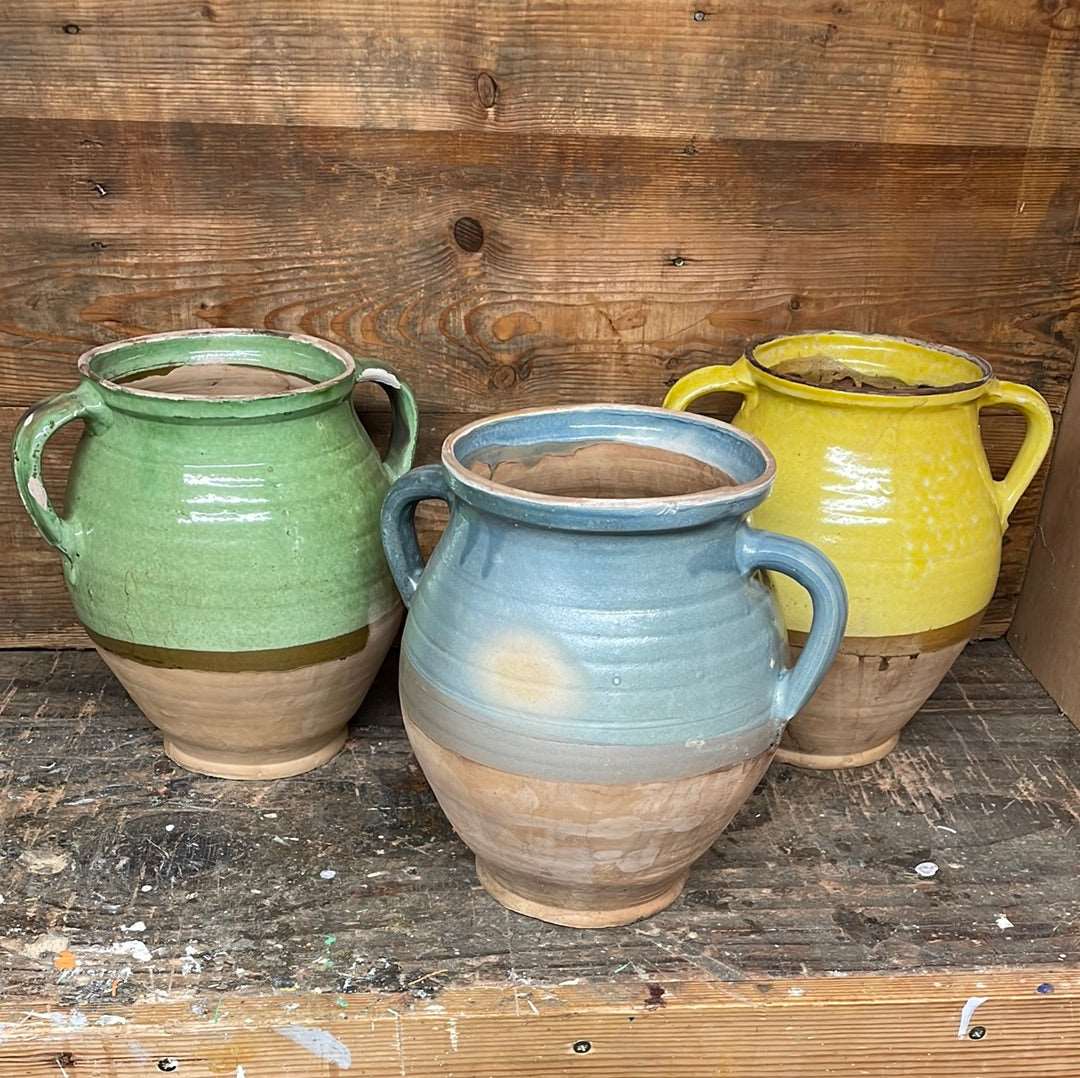 Hungarian hand thrown terracotta part glazed urn pot with two handles from Country Craft Cabin.