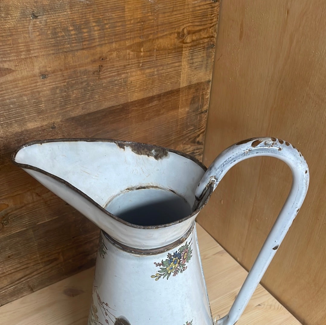 French large enamelled pitcher jug with floral décor