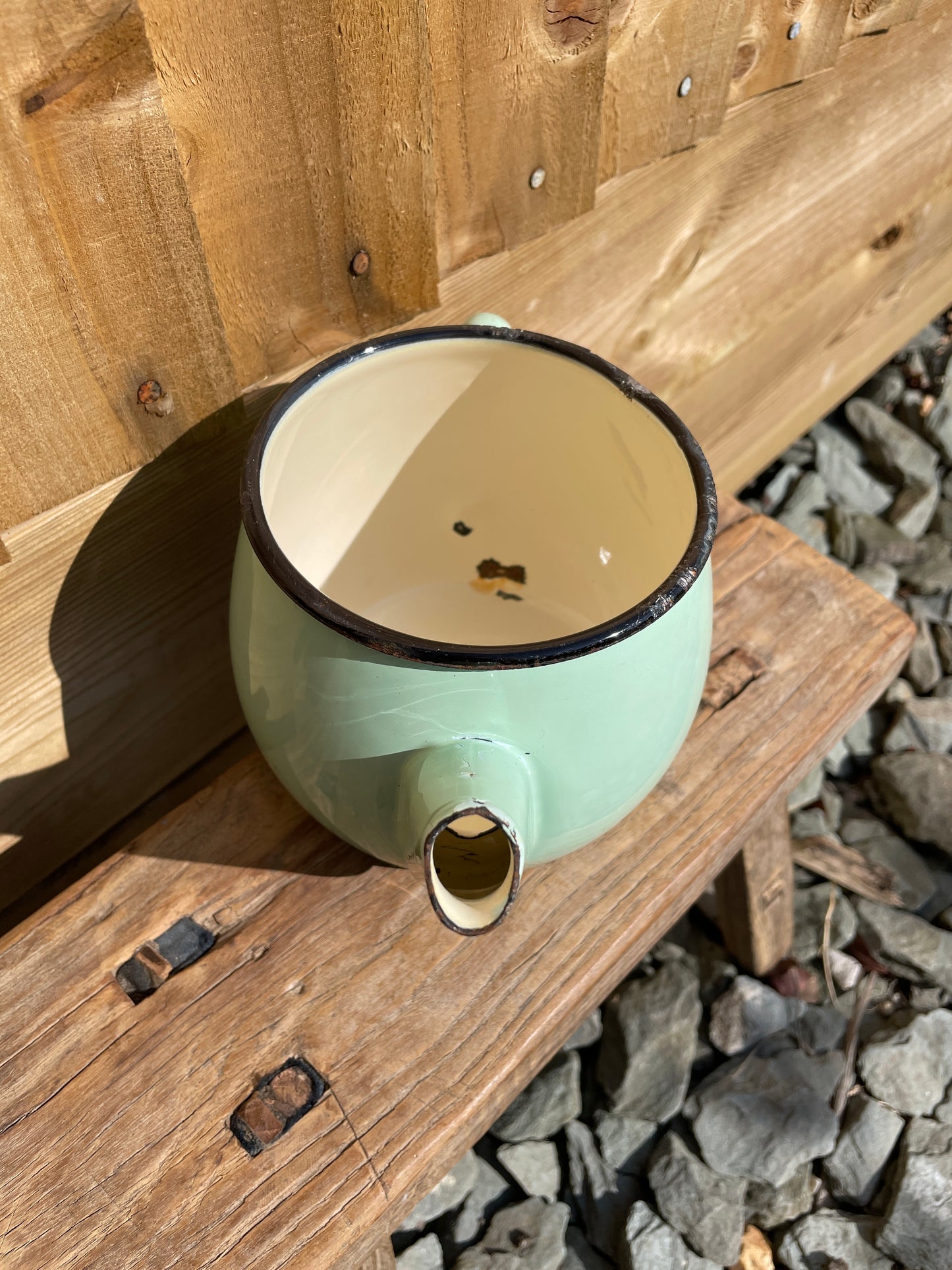 Pale green enamel tea pot decorative kitchenalia.