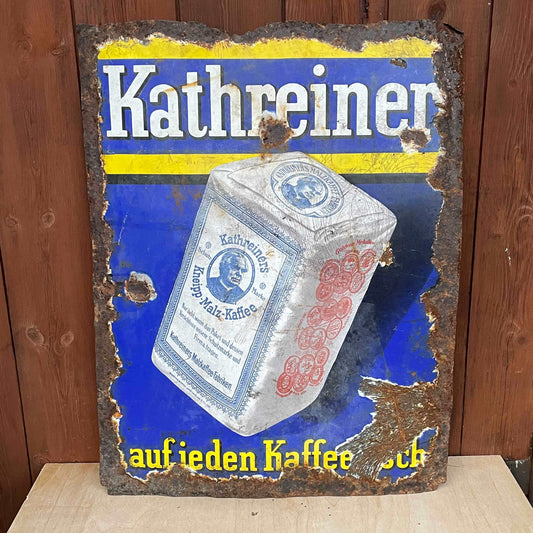 Antique enamelled advertising sign, Kathreiners Malz Kaffee, Country Craft Cabin.