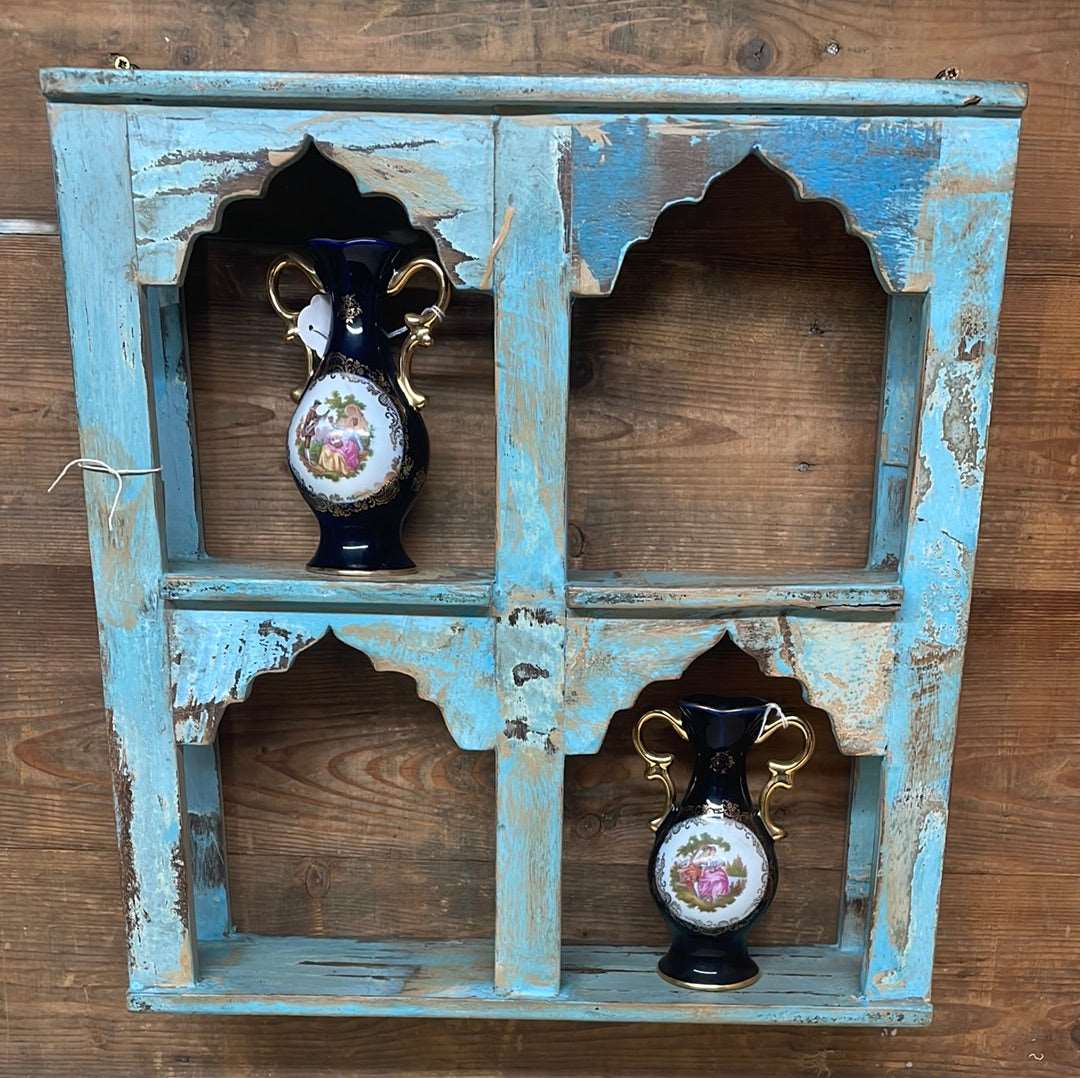 Indian arched temple shelf four compartments distressed blue finish.
