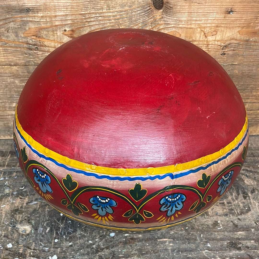 Bottom view, Indian hand crafted and painted decorative traditional metal water pot.