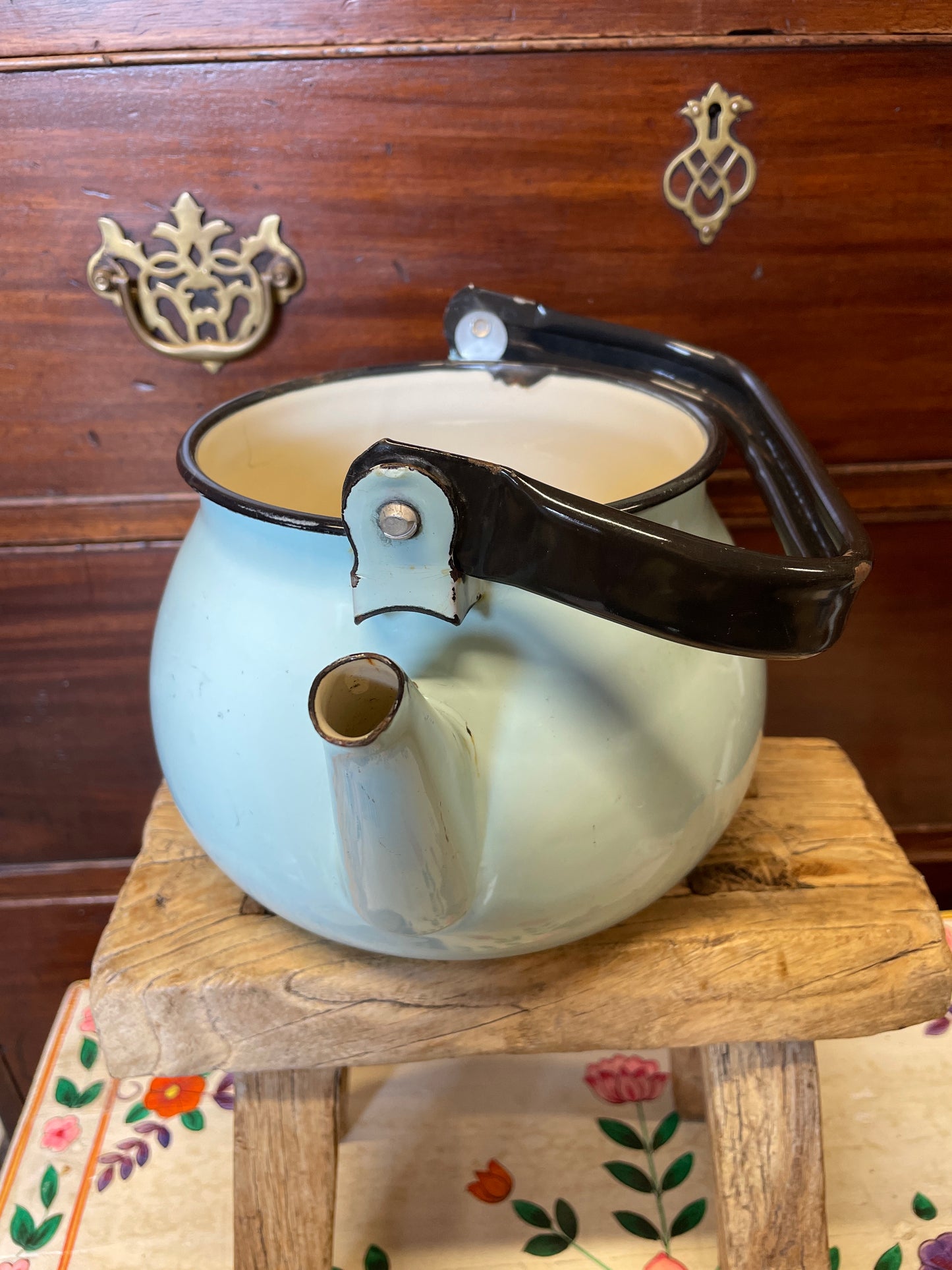 Pale blue enamel kettle with black handle and rim.