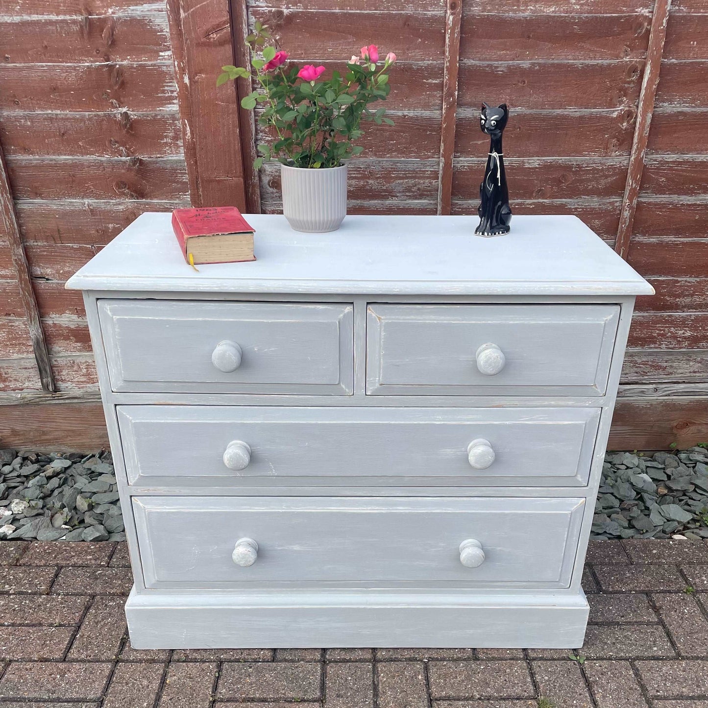 Solid pine 2 over 3 chest of drawers grey distressed paint.