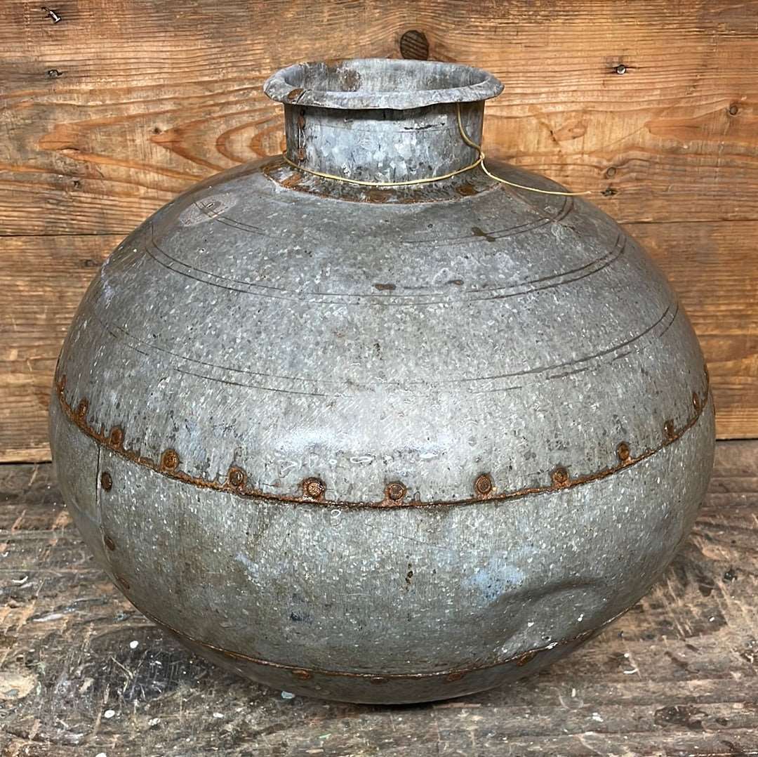 Vintage Indian decorative reclaimed metal water pot.