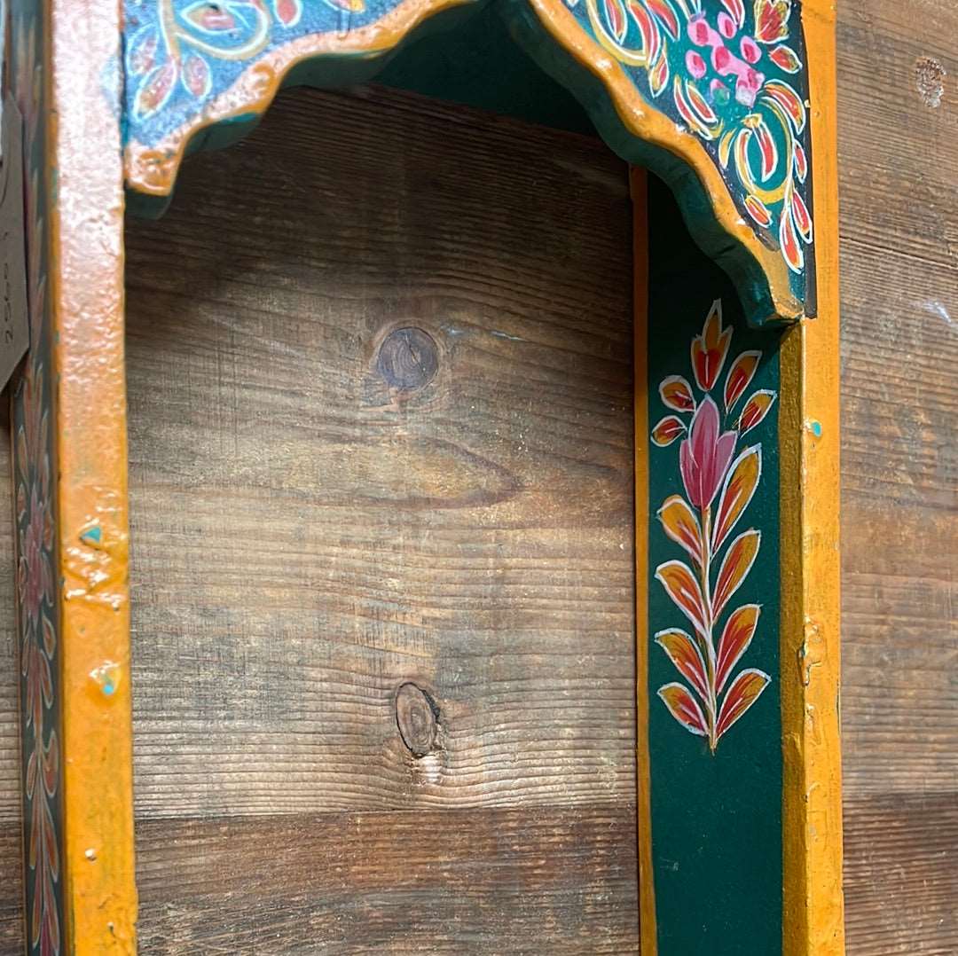 Painted decorative Indian temple shelf, single arch.