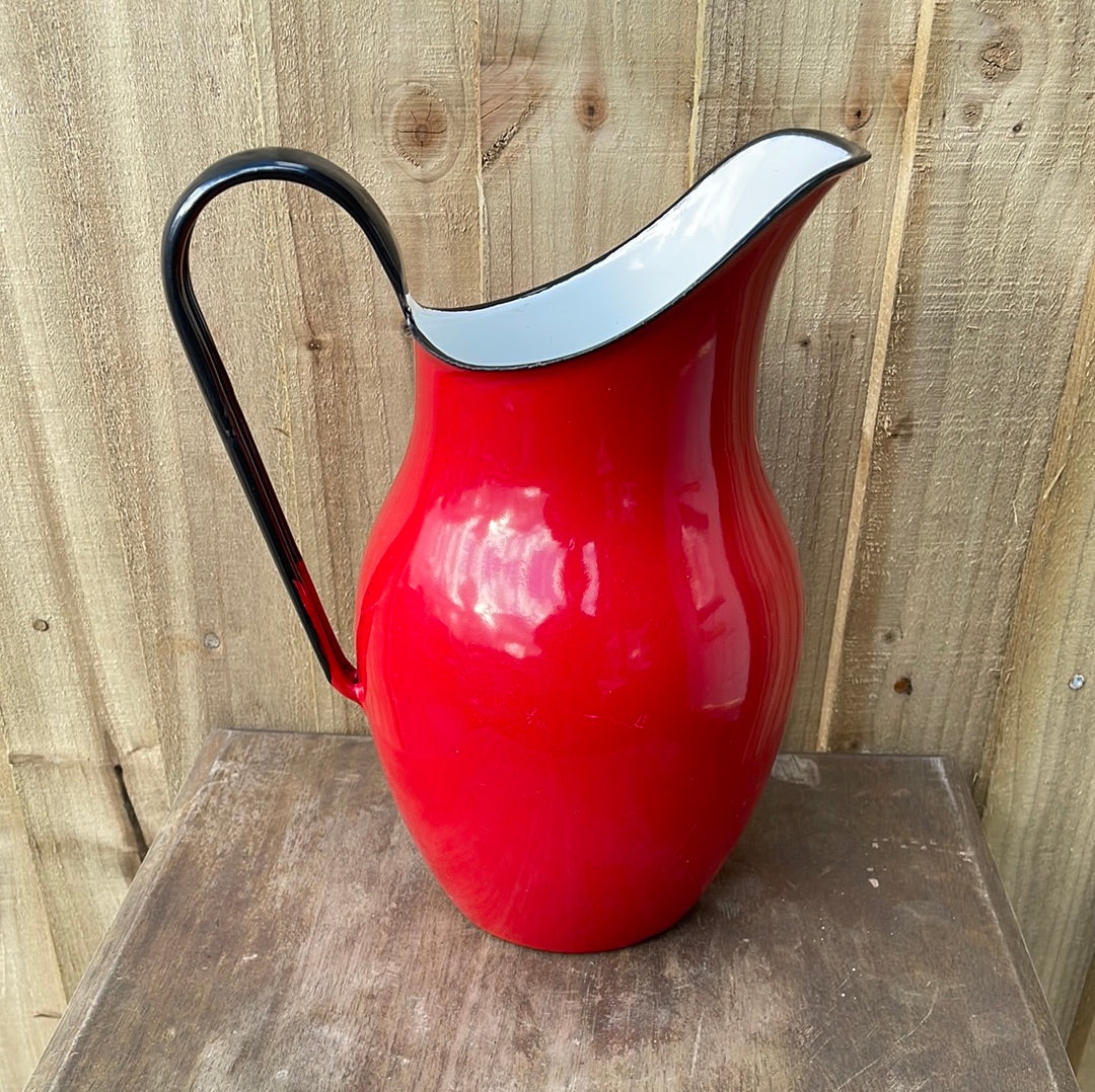 Enamelled pitcher jug Red and White.