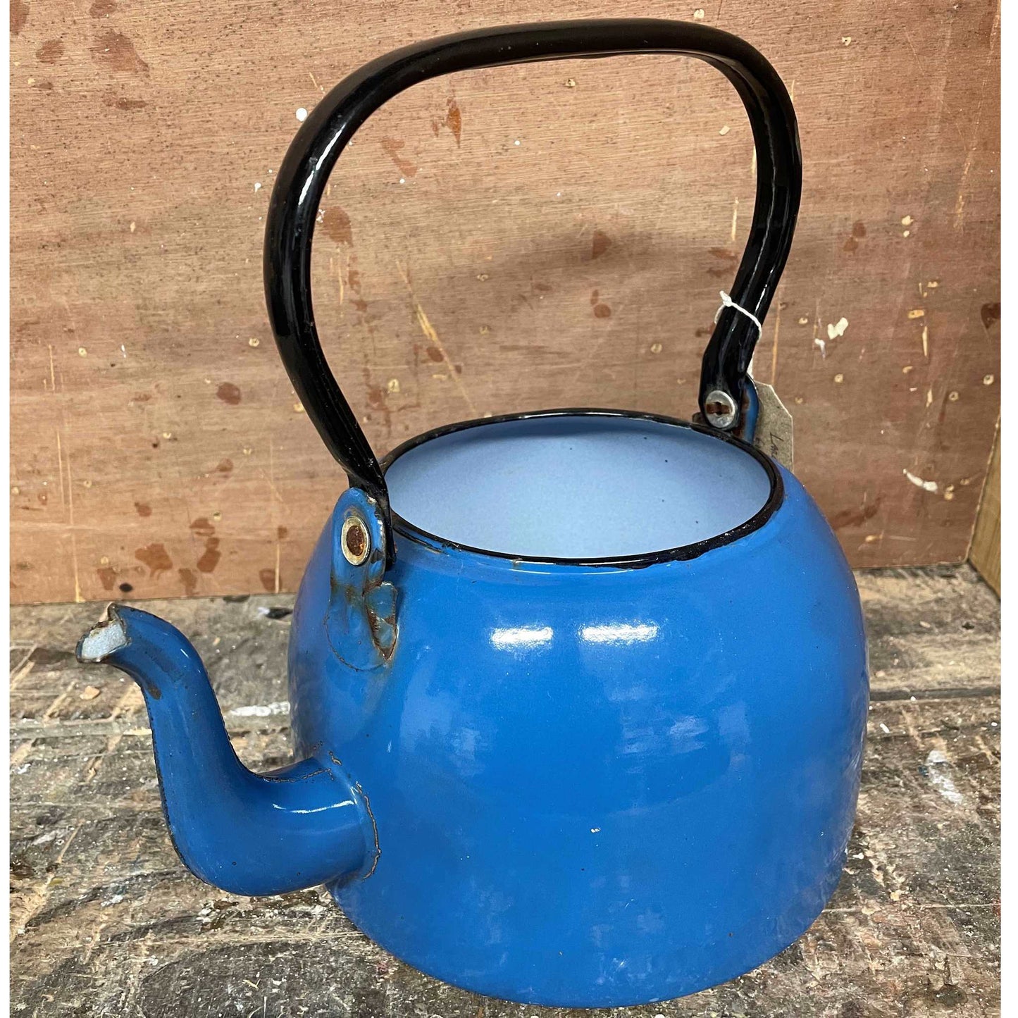 Large vintage blue enamel kettle.
