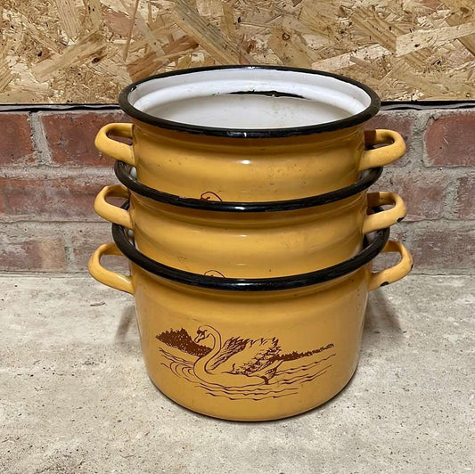 3 piece vintage enamelled cooking pot set