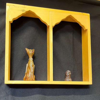 Wooden Indian temple style double sided shelf, orange.