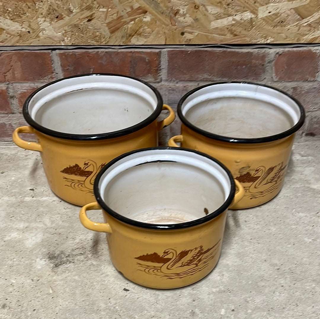 3 piece vintage enamelled cooking pot set