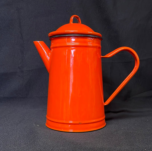 Enamel 2 litre coffee pot with lid, orange.
